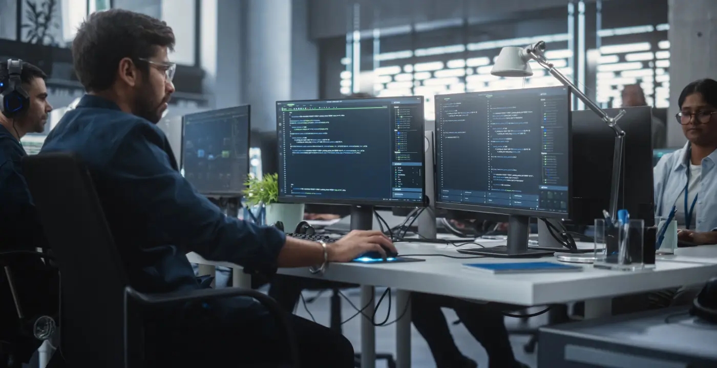 A man in an office diligently working on a computer, focusing on test and QA automation.