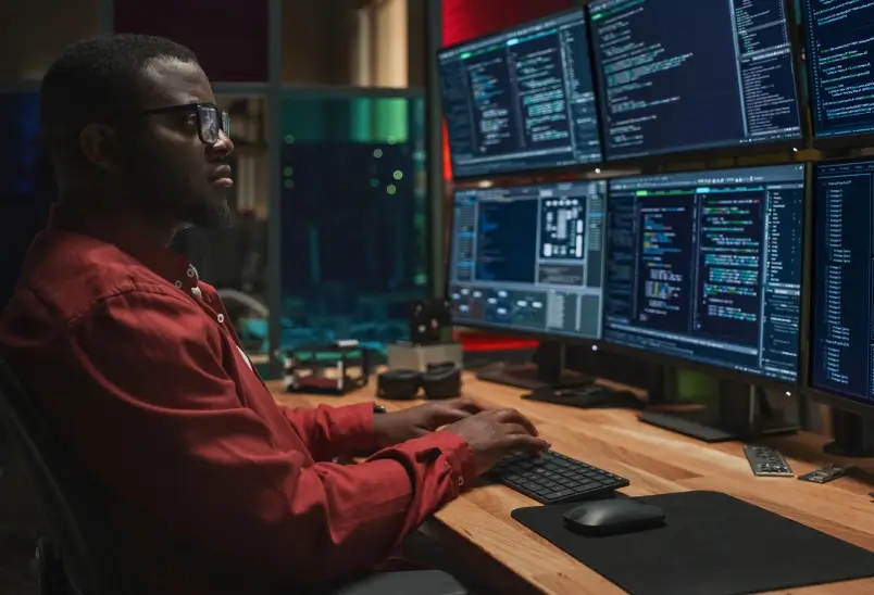 A man in a red shirt focused on multiple computer screens